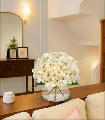 Hollyone Fall Hydrangea Artificial Flowers for Decoration with Glass Vase White Silk Fake Flower Arrangements with Faux Water Autumn Table Centerpiece Vase with Flowers Fall Decorations for Home - color: Hydrangea, Fall White