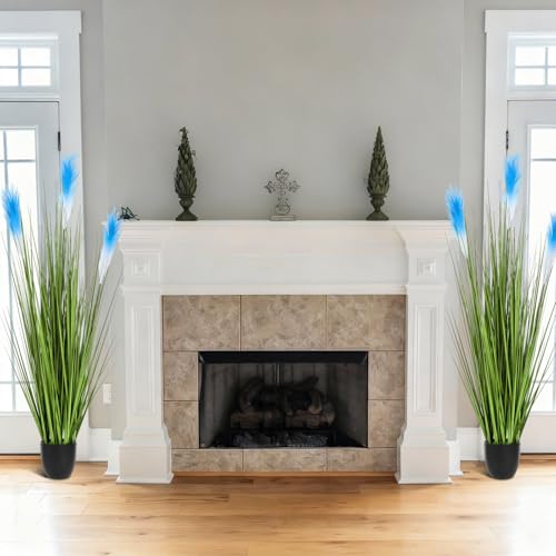 Jexine 2 Pcs 4 ft Artificial Tall Grass Plants for Outdoor Faux Tall Grasses Plant with Reed Flowers Potted Fake Greenery Plants for Housewarming Gift House Garden Lobby Outdoor Decoration (Blue) - color: Blue