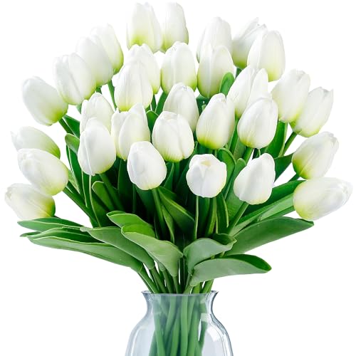 Sggvecsy 15 Pcs Fake Tulips Artificial Flowers Real Touch PU Faux Flowers Tulip Stems for Wedding Spring Bouquet Floral Arrangement Home Party Office Decorations for Mother's Day (Green White) - color: Green White, size: 15 Pcs