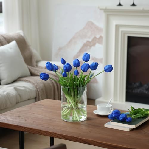 mizii 15Pcs Blue Tulips Artificial Flowers Latex Plastic Real Touch Fake Tulips Flowers Look Real Faux Tulip Flower Bouquet Decoration for Vase Room Table Centerpieces Home Decor (Royal Blue) - color: Royal Blue