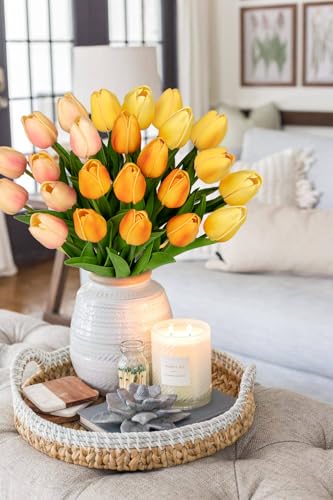 24 Pcs Artificial Tulips Flowers Mixcolor Real Touch Fake Tulips Fake Flowers for Mother's Day 13.5" Faux Tulips Faux Flowers Bulk Artificial Tulips Flowers for Vase Centerpieces Home Wedding Bouquet - color: Mixcolor Style10 #24