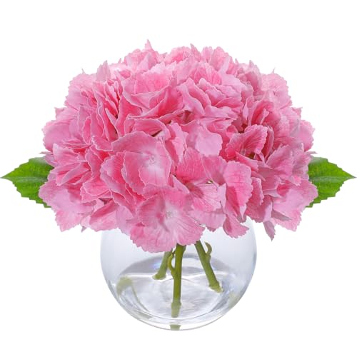 Deep Pink Artificial Hydrangea Flowers in Glass Vase with Faux Water, 3 Stems Lifelike Fake Floral Arrangement, UV-Resistant Odorless Centerpieces for Dining Table Home Office Decor (7.9") - color: Deep Pink Hydrangea