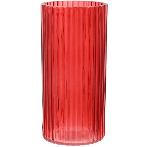Red Glass Vase for Flowers, Ribbed Glass Vase for Tulips, Modern Red Vases, Tall Cylinder Glass Vases for Living Room, Bedroom, Dining Table, Office, Wedding, Bookshelf, 10 Inches - color: Red, size: 10''