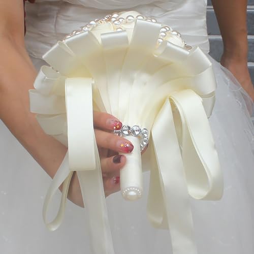 USIX Handcraft Popular Satin Rose Rhinestone Brooch Flower Pearl Bridal Holding Wedding Bouquet Wedding Flower Arrangements Bridesmaid Bouquet(Ivory) - color: Ivory