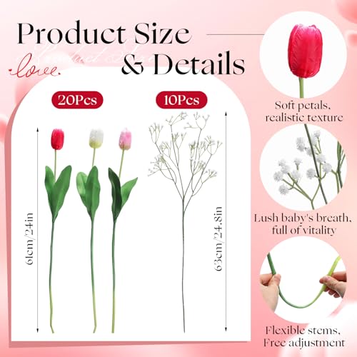 Hotop 30pcs 24 Inch Tulips Artificial Flowers Mother's Day Fake Tulip Fake Baby's Breath Flower Artificial Flower Decorations Bouquet for Home, Wedding, DIY Gift Party(Deep Pink, Light Pink,White) - color: Deep Pink, Light Pink,white