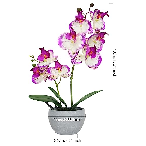 Purple Orchid Artificial Flowers 2 Stems in Grey Pot, Potted Faux Orchid Flower for Home Bathroom Table Living Room Office Kitchen Decor - color: Purple Texture
