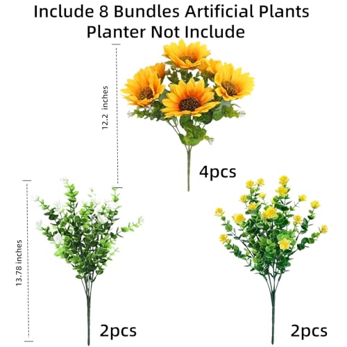 Artificial Sunflowers Faux Flowers Plants for Outdoor Summer Fall Decoration, Fake Silk Realistic UV Resistant Yellow Sun Flowers for Outside Porch Planters Patio, 8 Bundles - color: Yellow