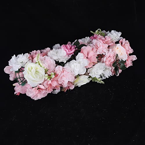 12 Pcs Artificial Flower Wall Panels 60x40cm 3D Flower Background for Wall, Wedding Flower Decorations Wall Silk Rose Panels for Candy Wall, Photo Areas, Stage Background Wall(Dahlia + Rose + Leaf) - color: Pink and White