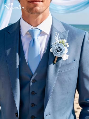Serwalin 6 Pcs Blue Boutonniere for Men, Groom Groomsmen Best Man Guest Boutonnieres，Artificial Flowers Silk Rose for Wedding Prom Ceremony Anniversary Party Homecoming - color: Blue, size: Boutonniere 6pcs