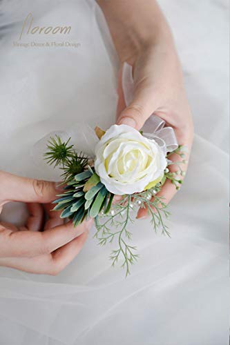 Floroom 3pairs Ivory Rose Wrist Corsage Wristlet Band Bracelet and Men Boutonniere Set for White Wedding Prom - color: 3 Boutonniere & 3 Wrist Corsage