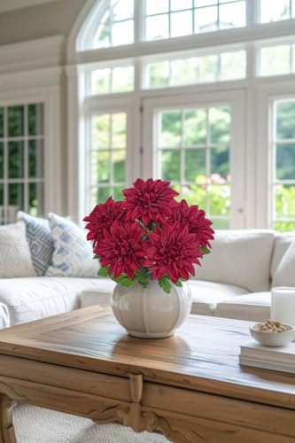 Hollyone Red Artificial Dahlia Flowers Bush Fake Fall Flowers Artificial for Decoration Outdoor Indoor 7 Heads Silk Faux Dahlias Flower Bouquets Arrangements Centerpieces Fall Decorations for Home - color: Red