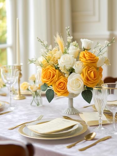 InnoGear Artificial Flowers, 50 Pcs Yellow Foam Fake Roses Bulk with Stems for Autumn Fall Decoration DIY Wedding Bouquets Centerpieces Bridal Shower Party Christmas Tree - color: Yellow