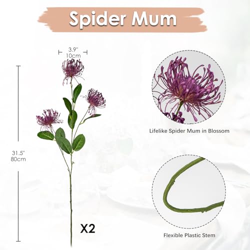 Hollyone 33" Purple Artificial Mums Flowers Faux Chrysanthemum Flowers 2Pcs Spider Mum Flower Arrangement Spring Summer Pincushion Flower with 3 Heads Long Stem for Centerpiece Bouquet Home Decor - color: Purple