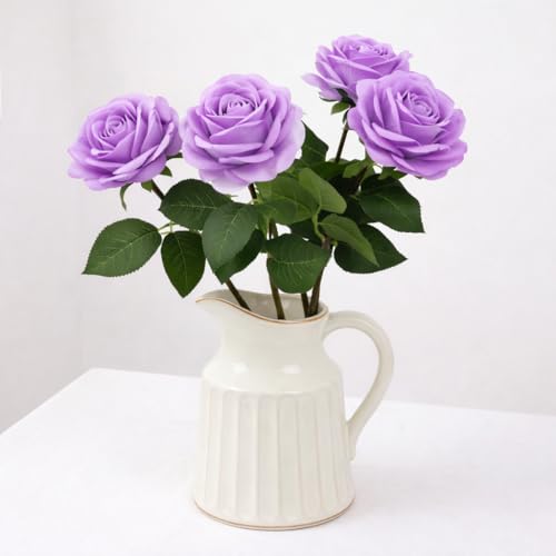 Artificial Rose Flowers, 4Pcs Real Touch Long Stem Faux Roses, Lifelike Latex Roses for Wedding Bouquet, Table Centerpiece, Home Decor, DIY Floral Arrangement, Purple - color: Purple