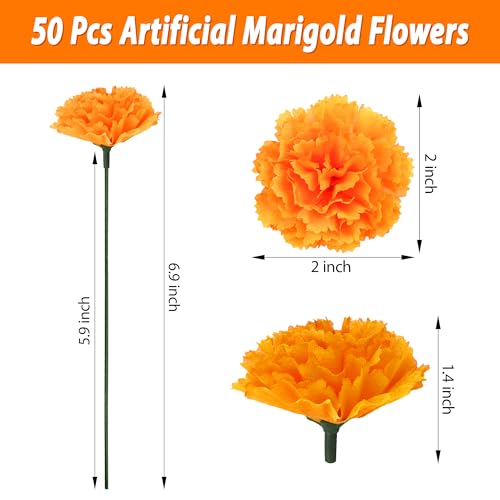 50 Pcs Artificial Marigold Flowers,2" Silk Marigold Flower Heads with Stems,Orange Flowers Artificial for Diwali Decor,Indian Wedding,Home,DIY Wreath Garland,Day of The Dead Decorations - color: Orange-2inch