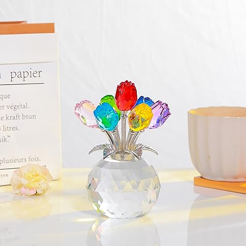 Colorful Rose Flower Crystal Figurine with Vase, Bouquet Flowers Ornament Gifts for Wife Girlfriend Women, Handmade Crystal Flower Collectible Home Table Decor for Valentine's Day Wedding Anniversary - color: Colorful-crystal Rose