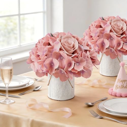 Flower Table Centerpieces - Set of 6 Floral Arrangement Artificial Wedding Hydrangeas Floral Arrangement with Rustic Metal Vase for Bridal Tea Party Event Decorations - Deep Pink - color: Deep Pink