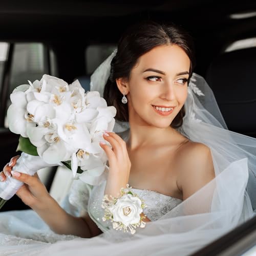 Tucnoeu 2pcs White Wrist corsages for Prom, Corsage Wristlet Band, Artificial Boutonniere and Corsage Set, for Prom Decor Wedding Party Flower Accessories - color: White