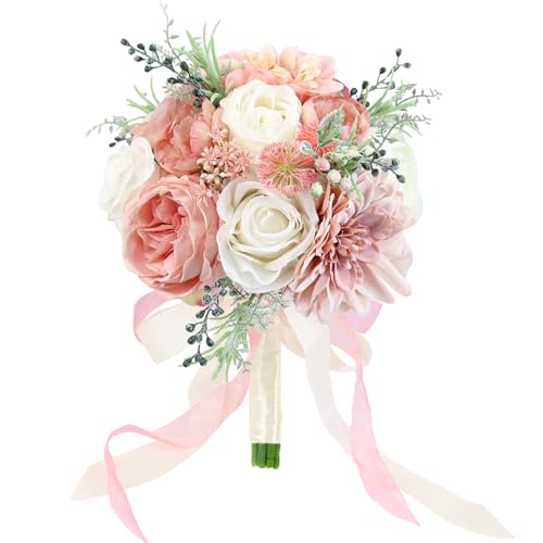 Wedding Bouquets for Bride Bridesmaid 8.5 Inch Dusty Pink Artificial Roses Flowers Bridal Bouquets for Bride Wedding Marriage Proposal Party Church Decoration - color: Pink