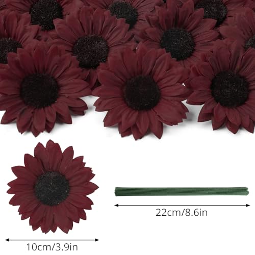 Coferset 40pcs Fake Sunflower Heads with Stems, 4" Sunflower Artificial Silk Flower Heads for Crafts, Sunflower Decorations for Graduation Party Baby Shower Wedding Home Decor(Burgundy) - color: Burgundy-40pcs