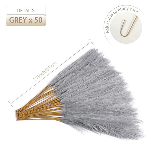 50pcs 22" Grey Pampas Grass - Faux Pampas Grass Decor Pompas Floral Arrangement and Vase Filler for Boho Home Wedding Mothers Day Decoration - color: Grey, size: 50pcs
