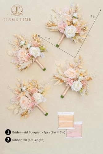TINGE TIME Bridesmaid Bouquets for Wedding Set of 4 Champagne & RougePink 7 Inch Wedding Bouquets Artificial Silk Flowers Bridal Bouquets for Bridesmaids, Wedding Decor, Anniversary - color: Champagne&pink