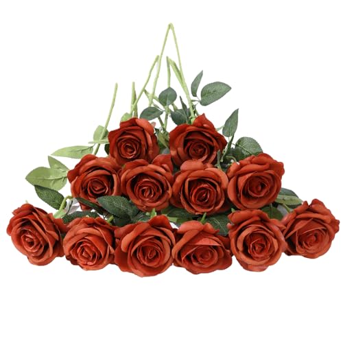 Laelfe 12 PCS Artificial Flowers Roses Silk Flowers Fake Long Stem Artificial Roses for Home Wedding Bathroom Kitchen Decorations(Brown Orange) - color: Brown Orange