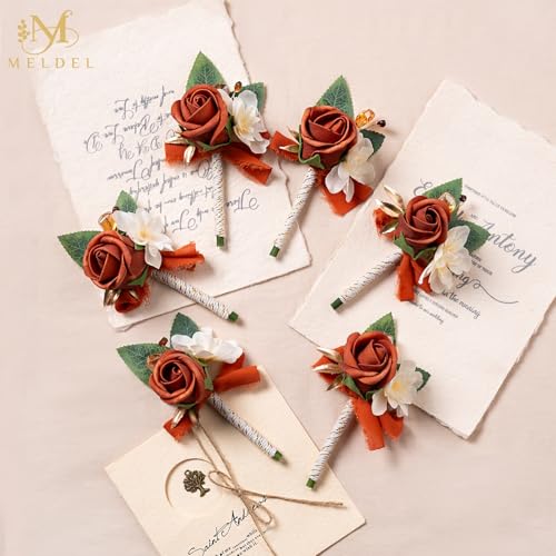 6Pcs Burnt Orange/Terracotta Faux Foam Rose Boutonnieres for Men | Artificial Rose Boutonnieres for Men Wedding Prom Groom Groomsmen Homecoming Party Suit Decoration - color: Orange Corsage
