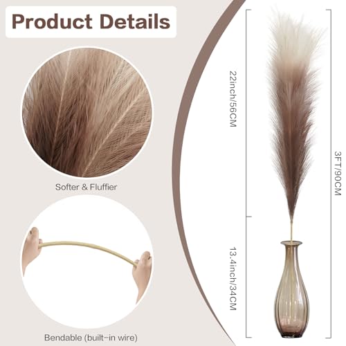 8Pcs 3FT Colorful Faux Pampas Grass for Boho Decor, KALYLOC Non-Shedding Fluffy Artificial Bulrush, Tall Reed Fluffy Stems Vase Filler Living Room Wedding Decoration (Coffee) - color: Coffee
