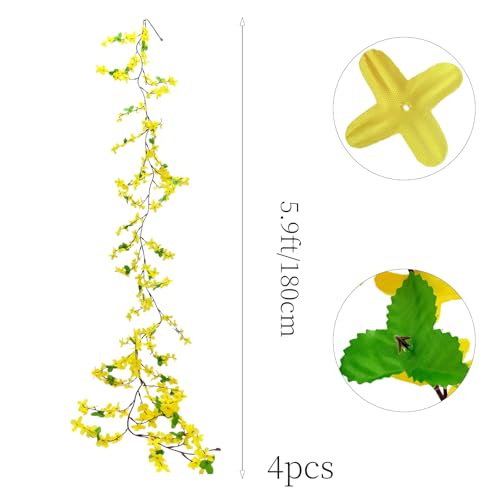 4PCS 23.6ft Forsythia Garland Artificial Flowers Vine Spring Yellow Silk Flower Garland Artificial Jasmine Vines Fake Flower Vine Hanging Ivy for Home Indoor Outdoor Wall Wedding Arch - color: Yellow-4