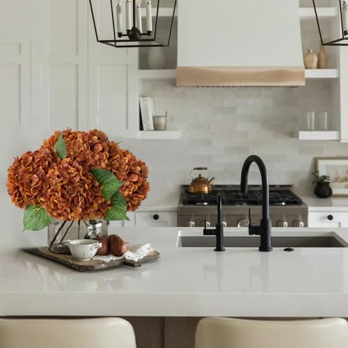 YalzoneMet 3 Pcs Orange Brown Hydrangea Artificial Flowers 21‘’ Real Touch Latex Hydrangea Fake Flowers for Fall Home Decor Party Kitchen Bedroom Bronze Vintage Flower Table Centerpieces - color: Orange Brown