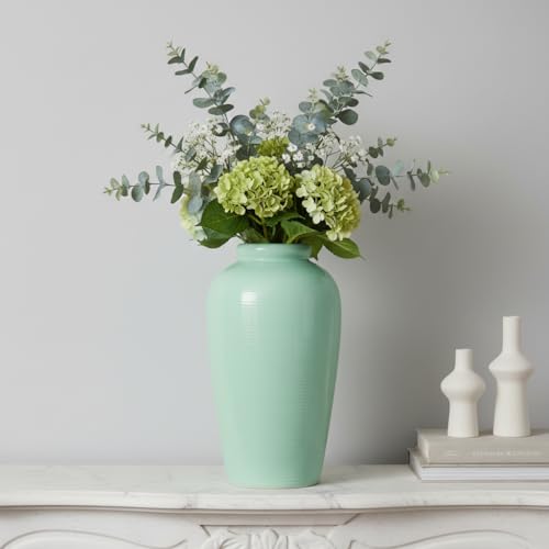 Green Ceramic Vase - 11 Inch Tall Modern Decorative Flower Vase for Living Room, Pottery Centerpiece Vases Home Decor, Eucalyptus, Mantel Decor, Side Table, Kitchen Decoration - color: Light Green