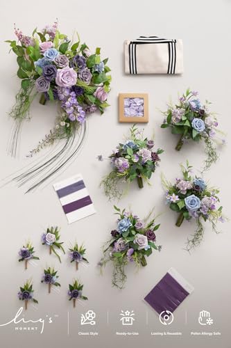 Ling's moment Wedding Artificial Flowers Package, Bridal Bouquet, Bridesmaid Bouquets, Boutonniere for Men, Rose Petals.Sage Purple Provence - color: Prpl-sage Purple & Provence