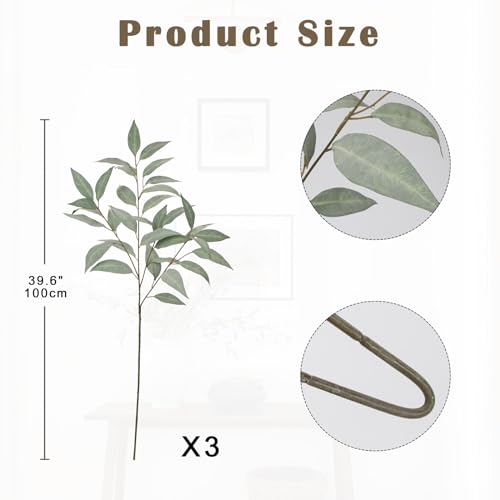 Briful Eucalyptus Stems 39.5 '' Tall, Artificial Branches for Vase Round Year Faux Greenery Stems Realistic Gray Eucalyptus Leaf Plant Sprays for Home Decor Indoor Party Wedding, Set of 3 - color: Gray Green#072