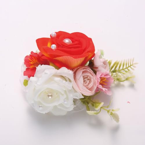 Wrist Corsage and Boutonniere Set, Artificial Rose Corsage Wristlet and Boutonniere for Wedding Prom Party (Red-White, 2pcs Wrist Corsage) - color: Red-white, 2pcs Wrist Corsage