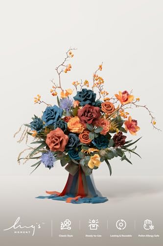 Ling's moment Teal Bridal Bouquet, Burnt Orange Wedding Bouquets for Bride, 15 Inch Silk Free Form Bridal Bouquets Artificial Wedding Flower Bouquet - color: Or-dark Teal & Burnt Orange, size: Medium 15 Inch