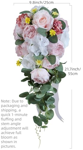 9.8 Inch Cascading Bridal Bouquet Waterfall Cascade Wedding Bouquet Bride with Artificial Rose Peony Flower Rustic Boho Wedding Ceremony Bouquet Pale Pink and White - color: Pale Pink & White