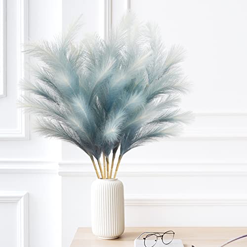 KALYLOC 6Pcs Colorful Faux Pampas Grass, Fluffy Artificial Bulrush Branches Boho Decor, Filler Tall Pampas Grass Reed Fluffy Stems for Living Room Wedding Decoration (Blue)