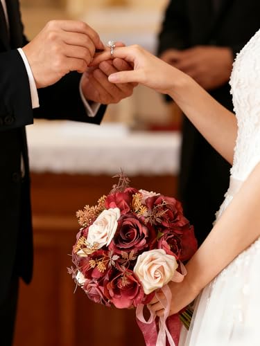 8.6in Artificial Wedding Bridal Bouquet - Burgundy Rose Floral Arrangement for Bride, Bridesmaid, Wedding Toss, Ceremony & Home Decor (Burgundy) - color: Burgundy