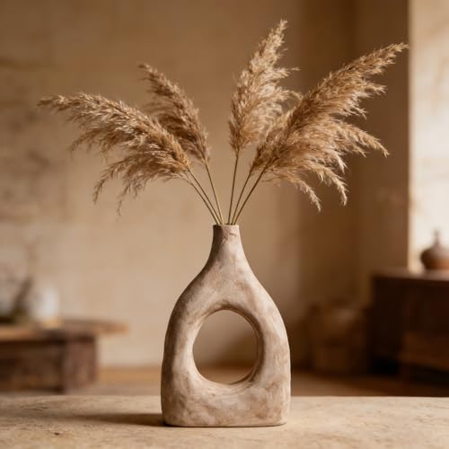 Large Boho Ceramic Floor Vase for Home Decor, Matte Narrow Hollow Vase for Pampas Grass, Minimalist Decorative Centerpiece for Living Room, Entryway, Office (Beige Medium) - color: Beige Medium