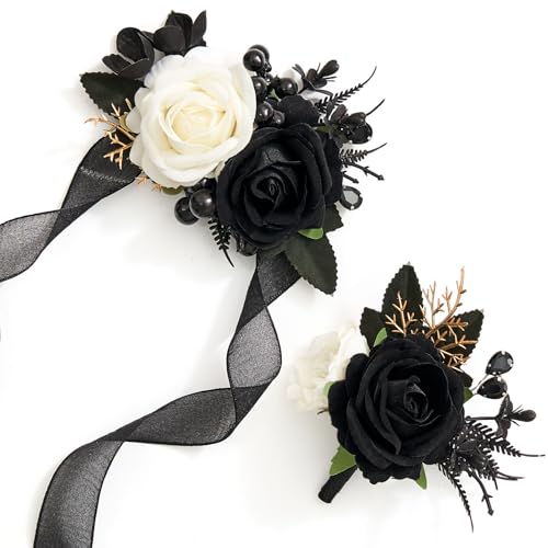 Alecono Black and White Corsage and Boutonniere Set, Corsages for Bride Bridesmaid Groom Bridegroom, Artificial Flowers for Prom Graduation Ceremony Anniversary - color: Black and White, size: Corsage and Boutonniere Set