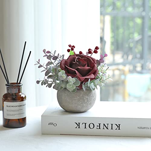 Small Artificial Burgundy Rose Potted Plant, 6" Fake Silk Flowers in 3.5" Round Pot, Mini Faux Floral Arrangement for Desk Shelf Bathroom Decor - color: Burgundy