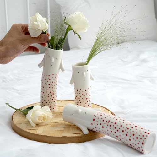 MOUGIGI Family Face Vases Set of 3 - Cute Handmade Ceramic Bud Vases for Pretty Flowers - Unique Modern Decor - Aesthetic Small Flower Holders for Home Elegance - color: Family Vase Red-3pcs