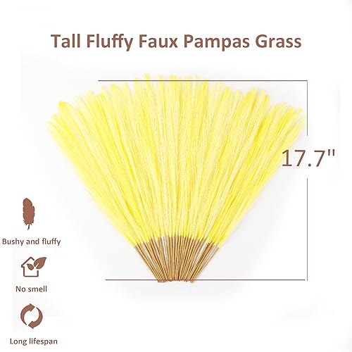Light Yellow Pampas Grass Decor, 30 Pcs 17" Faux Pampas Grass Short Decor, Pompas Grass Flower Arrangement and Vase Filler for Boho Home Wedding Decoration - color: Light Yellow, size: 17'' Tall
