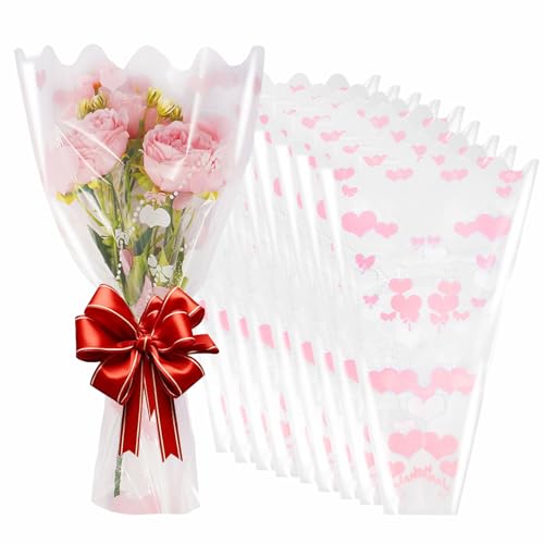 XABMU Pink Heart Flower Bouquet Bags, 100 Pack Clear Floral Wrapping Sleeves, for Valentine's Day, Wedding, Mother’s Day Gifting & Florist Supplies - color: Clear-Pink Heart, size: 1 count (Pack of 100)