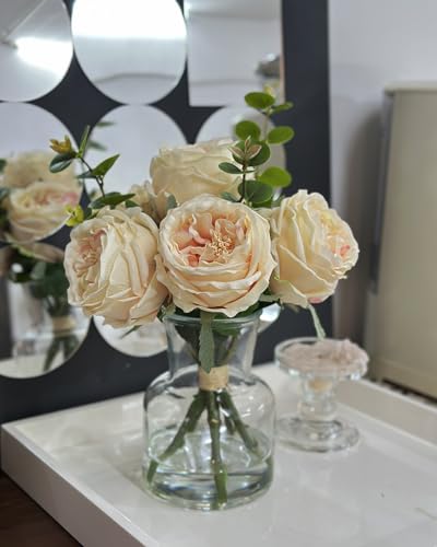 CHASMILE Lifelike Artificial Champagne Roses in Vase - Eternal Table Centerpiece for Dining Room & Kitchen Decor - Faux Flower Arrangement with Realistic Petals - color: Champagne Simulated Rose With Vase