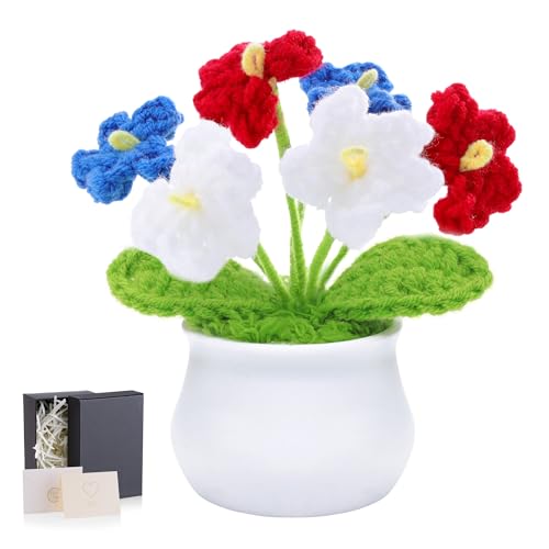 LAIDANLA Patriotic Crochet Flowers Forget Me Not Potted Plant, Handmade Red White Blue Knitted Flower Veterans Day Appreciation Gifts, 4th of July Desk Decorations for Women Teacher Coworker - color: Red, White, Blue