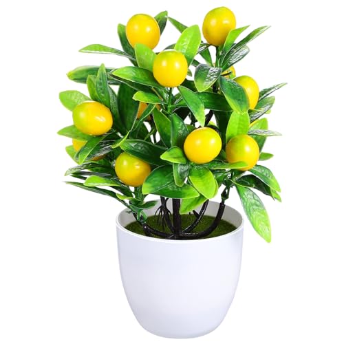 Hemoton Faux Lemon Tree Potted Plant 9.44In Artificial Bonsai Small Fake Plant for Home Office Kitchen Tabletop Decor