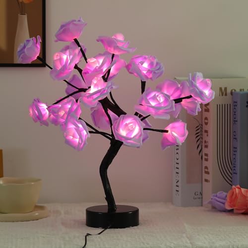 Drawelry Rose Flower Tree Lamp - LED Rose Tree Table Lamp USB/Battery Powered Artificial Bonsai Flower Night Light for Bedroom Living Room Party Wedding Birthday Decor (Purple) - color: Purple