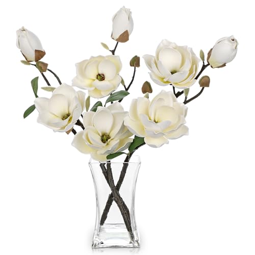 Briful Artificial Magnolia Flower Arrangement with Glass Vase, 18.5in White Faux Magnolia Flowers Fake Floral Centerpiece for Eleglant Home Office Room Table Shelf Décor - color: Cream White